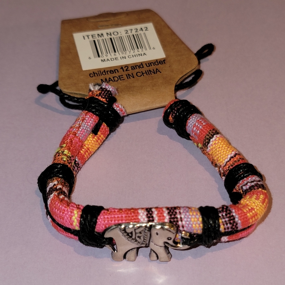 Leather Elephant Aztec Macrame Wrap Bracelet - Pink Multicolor - Adjustable